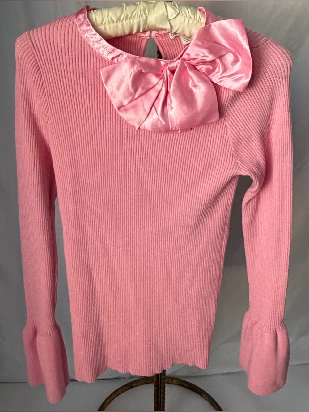 Cato Pink Ribbed Knit Top Satin Bow Bell Sleeve Sweater Small